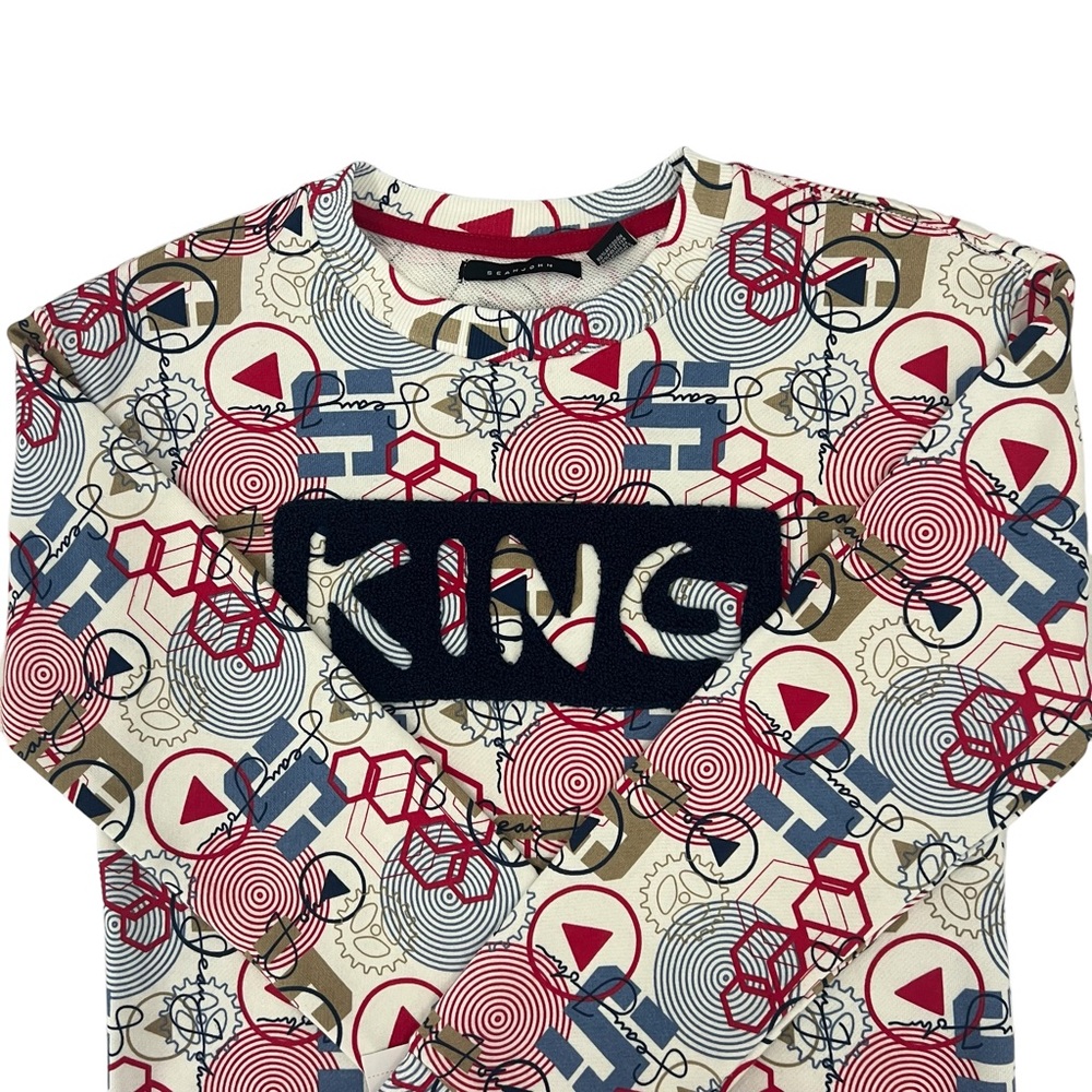 Sean John King Off White All Over Geometric Print Long Sleeve Youth Shirt size M